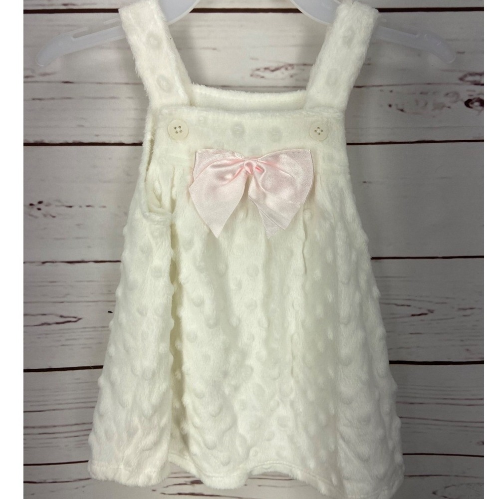 Vitamins Baby White Minky Polka Dot Jumper Dress Pink Bow 9M